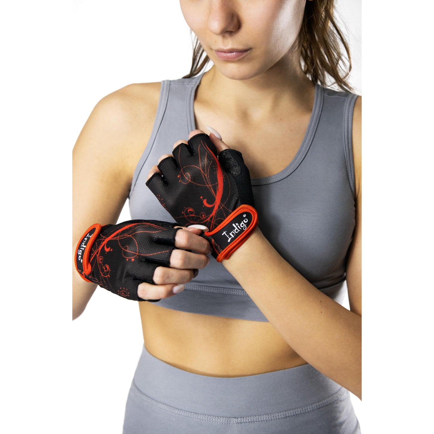 Gants Fitness en Élasthanne Maille et Daim pour Femme INDIGO Noir-Orange