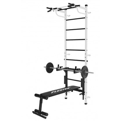 Gimnasio Adultos de Pared "3 en 1" con Espaldera, Barras para Dips, Banco Plegable y Barra de Dominadas BOGATYR FLEXTER 246*110*68.5 cm Blanco  - Negro