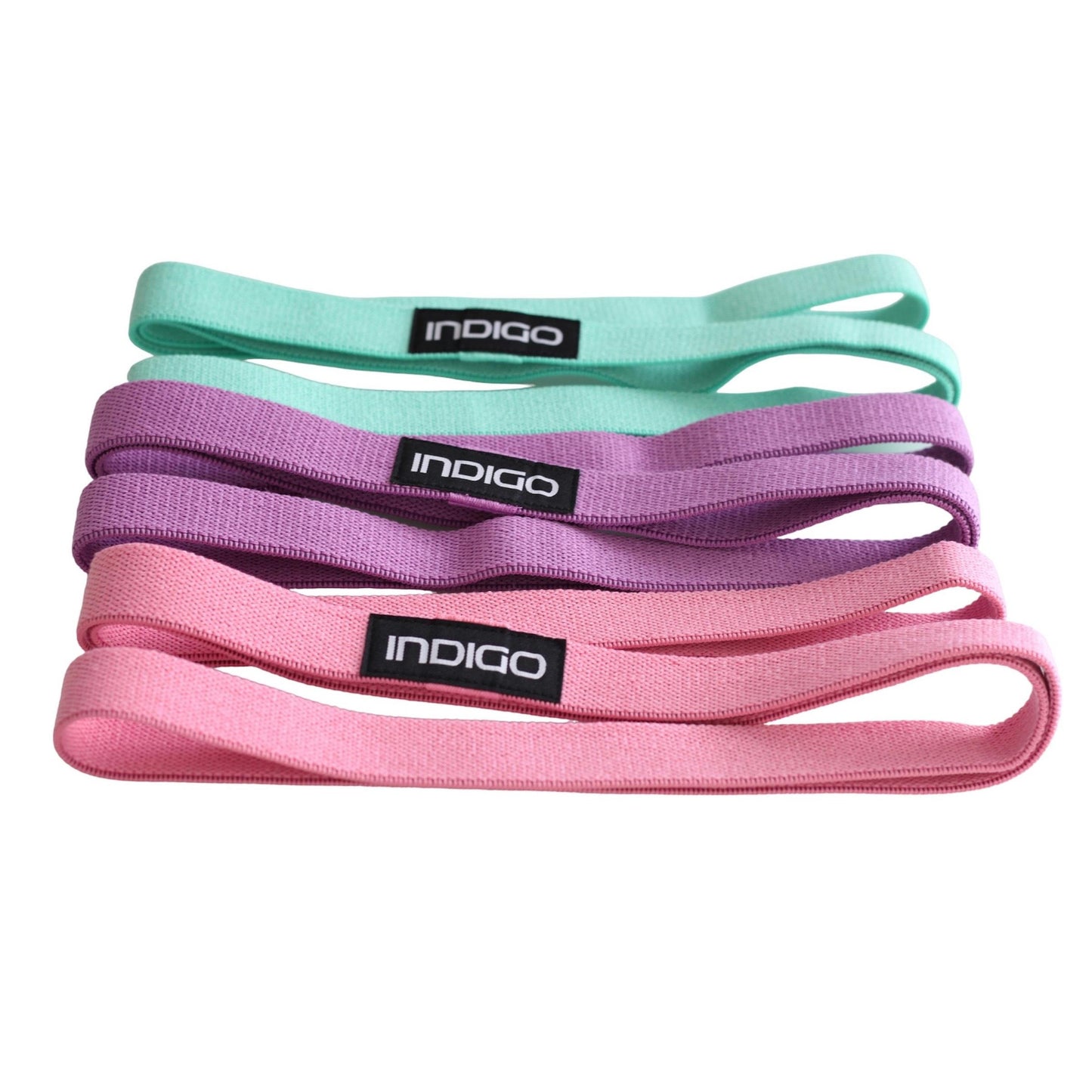 Bandas Elásticas de Tela 3 Niveles de Resistencias Larga INDIGO Púrpura-Rosa-Verde Claro