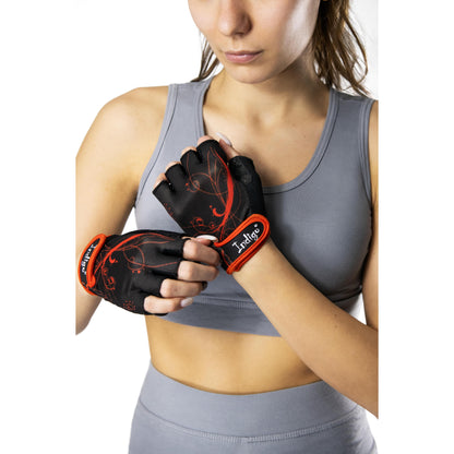 Guantes Fitness de Elastano Malla y Gamuza para Mujer INDIGO Negro-Naranja