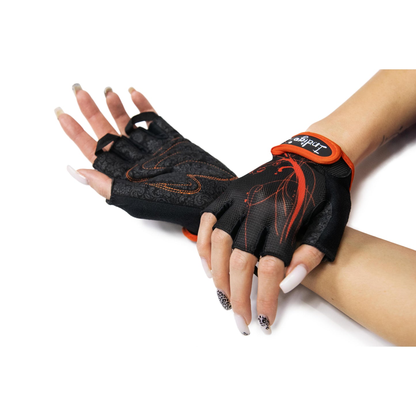 Guantes Fitness de Elastano Malla y Gamuza para Mujer INDIGO Negro-Naranja