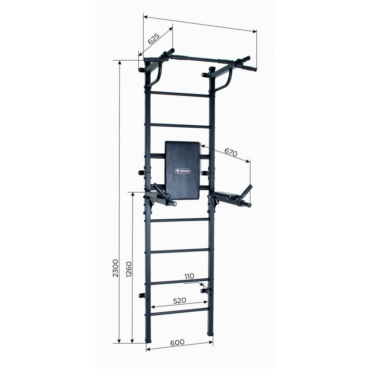 Salle de Sport pour Adultes Murale avec Échelle, Barre de Dips Pliable jusqu'à 250 kg START Noir 230*60*62.5 cm.