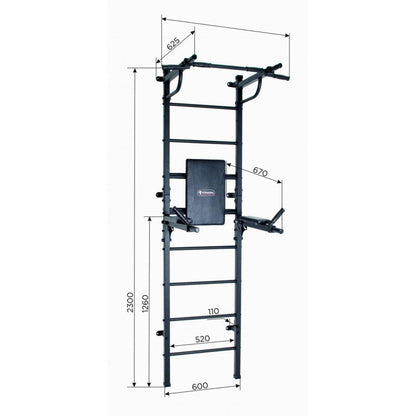 Salle de Sport pour Adultes Murale avec Échelle, Barre de Dips Pliable jusqu'à 250 kg START Noir 230*60*62.5 cm.