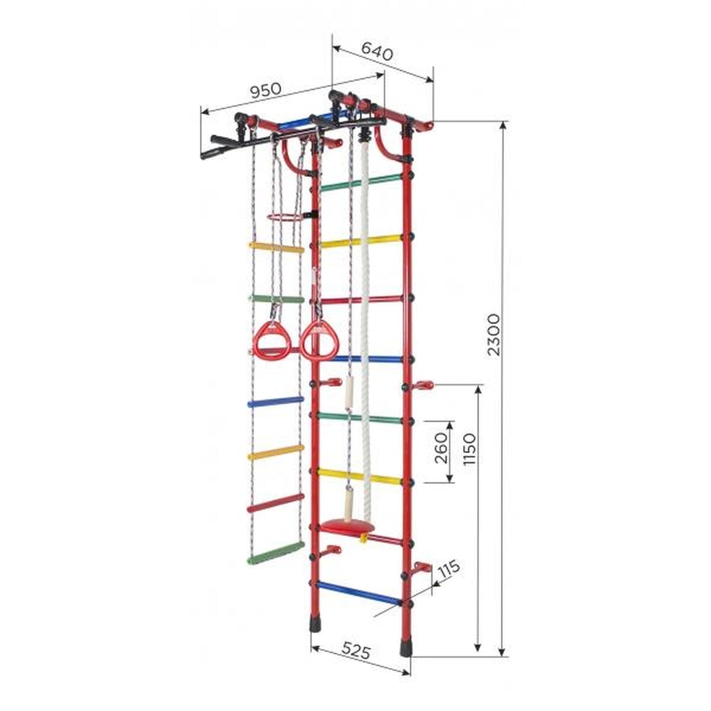 Gimnasio Infantil de Pared con Espaldera, Barra de Dominadas, Anillas, Escalera y Columpio GAMMA 230*64*52 cm