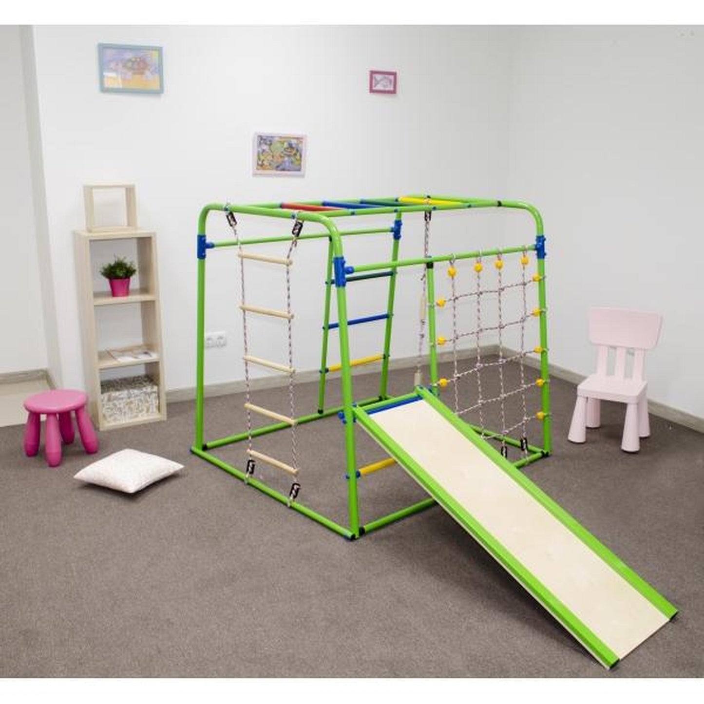 Gimnasio Infantil de Suelo con Escalera, Columpio y Tobogán START BABY PLUS1 123*133*120 cm Blanco- ArcoIris