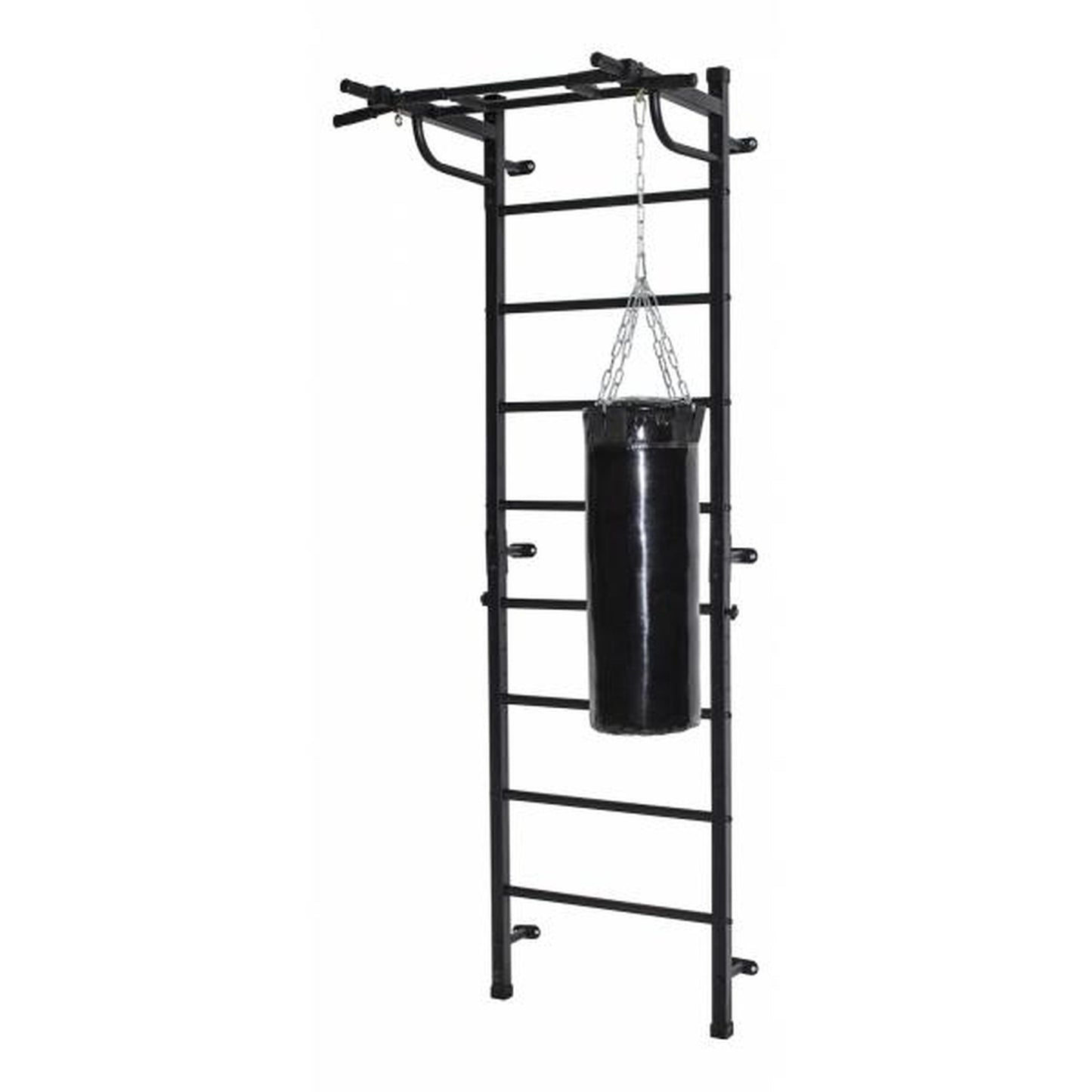 Ginásio de parede adulto "3 em 1" com barra traseira, barras de imersão, banco dobrável e barra pull-up BOGATYR FLEXTER 246 * 110 * 68,5 cm Branco - Preto