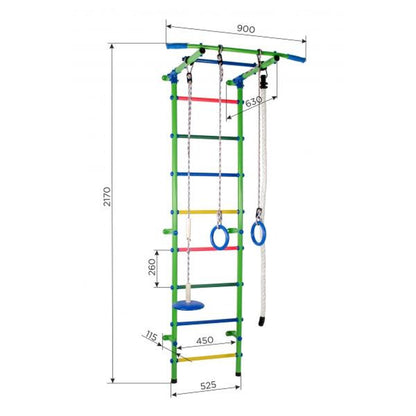 Gimnasio Infantil de Pared con Espaldera, Anillas, y Columpio START1 217*63*5,25 cm Azul Claro- Arco Iris