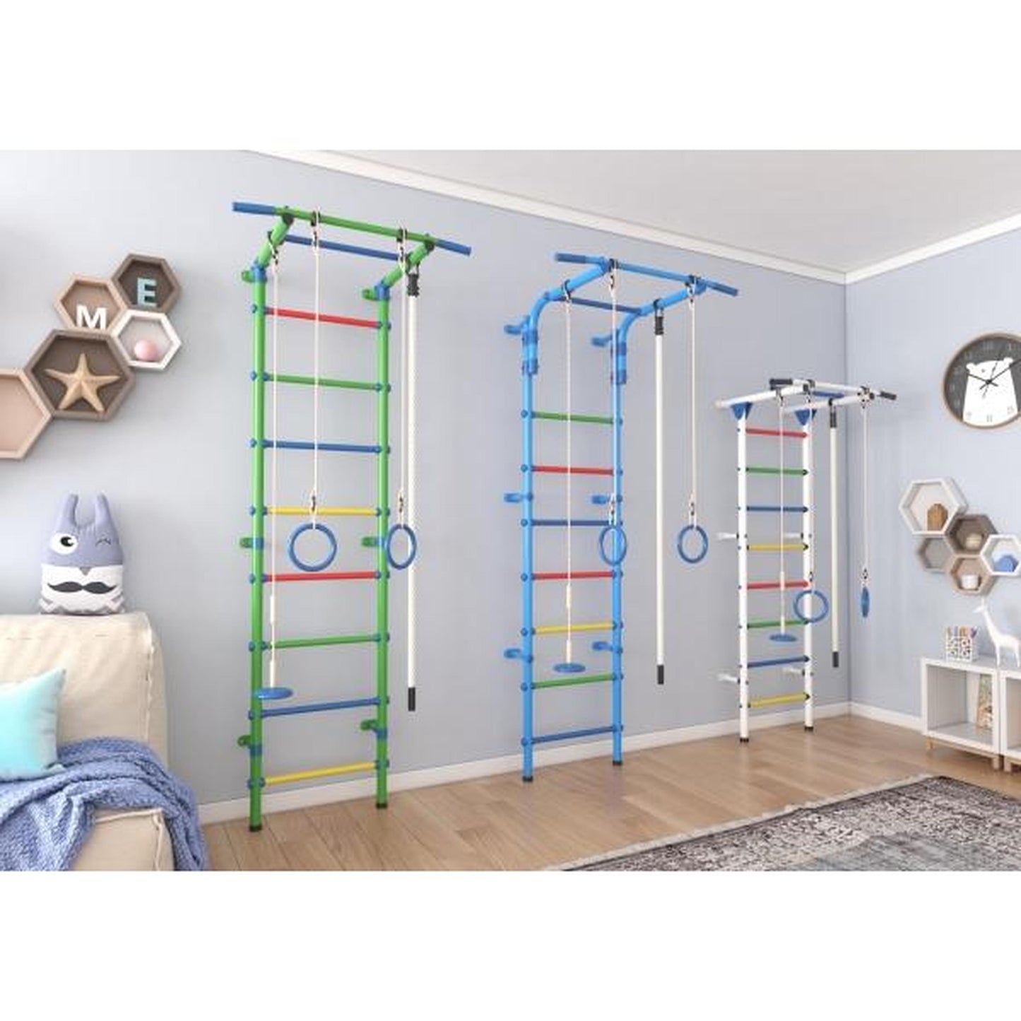 Gimnasio Infantil de Pared con Espaldera, Anillas, y Columpio START1 217*63*5,25 cm Azul Claro- Arco Iris