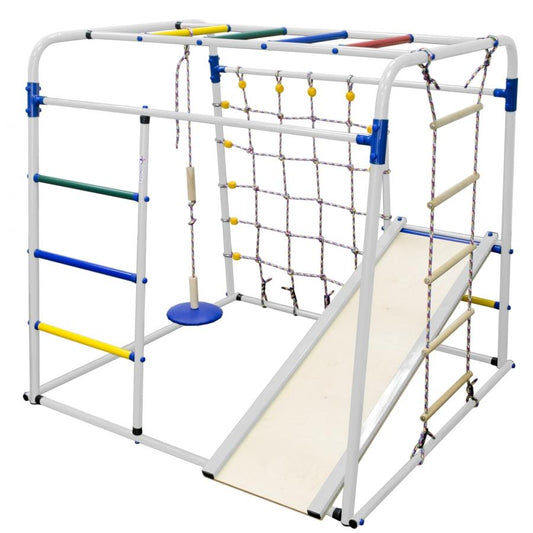 Gimnasio Infantil de Suelo con Escalera, Columpio y Tobogán START BABY PLUS1 123*133*120 cm Blanco- ArcoIris